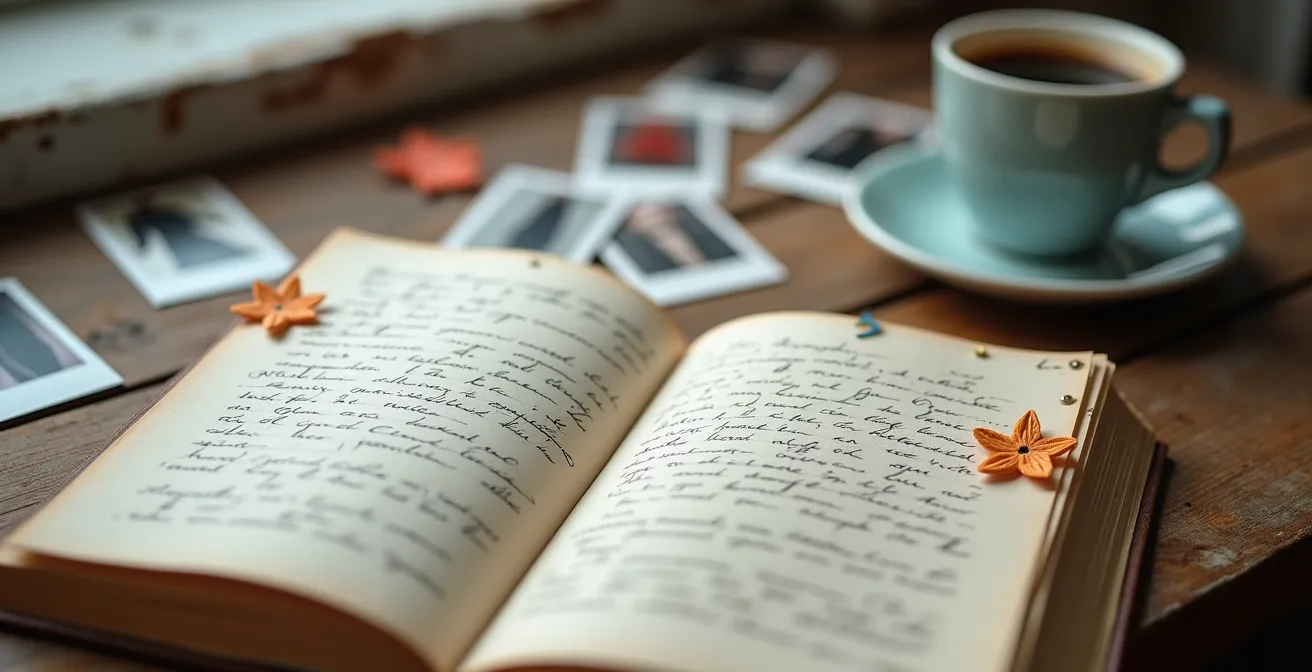 Carnet ouvert avec photos style polaroid et notes manuscrites sur une table en bois