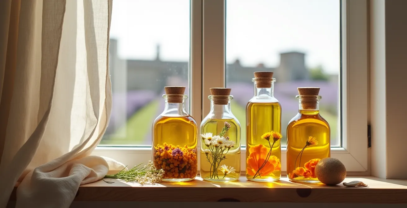 Bocaux de macération d'huiles végétales infusées aux plantes médicinales sur une étagère ensoleillée