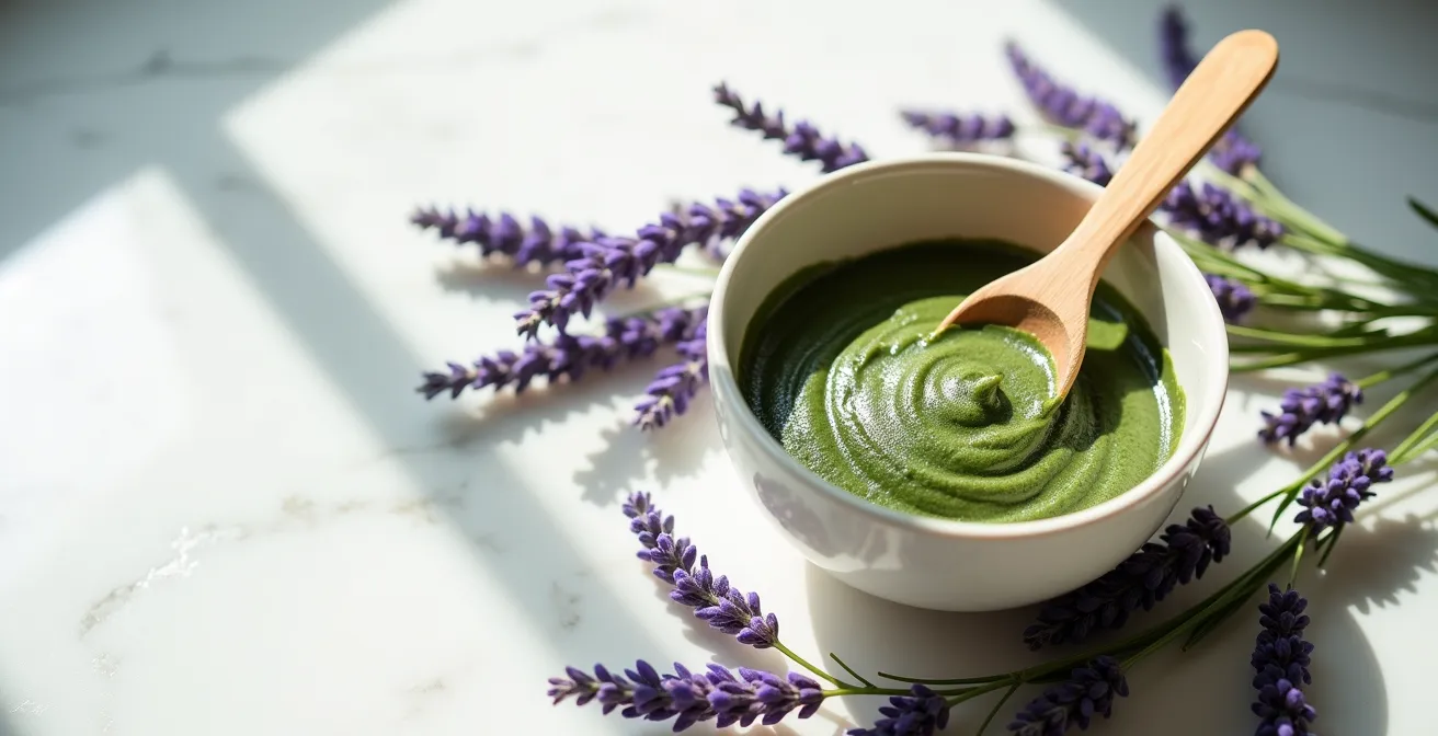Bol d'argile verte mélangée avec des brins de lavande fraîche pour un masque facial naturel