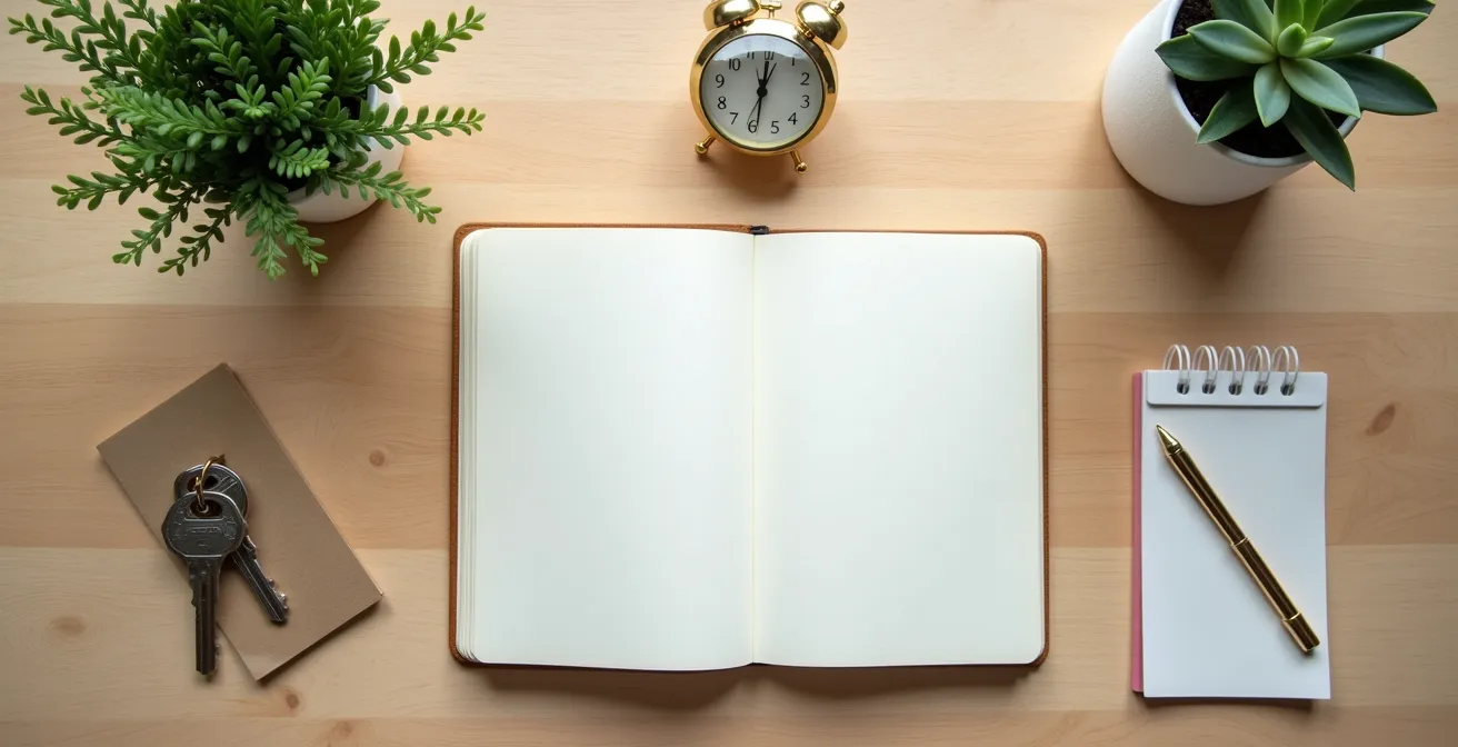 Vue en plongée d'un bureau épuré avec un carnet unique de planification entouré d'objets symbolisant différentes sphères de vie