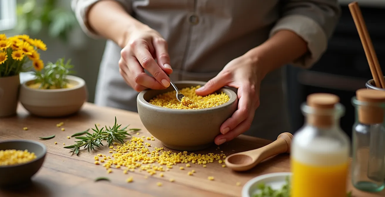 Préparation artisanale de cosmétiques à base de camomille dans un environnement naturel