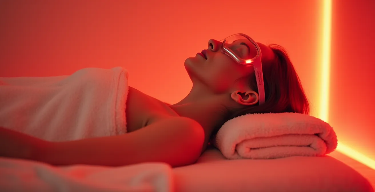 Protection des yeux pendant une séance de luminothérapie LED avec lunettes de sécurité