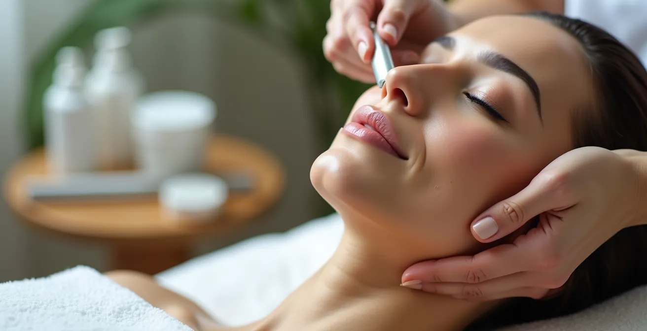 Esthéticienne appliquant un soin du visage avec des gestes experts