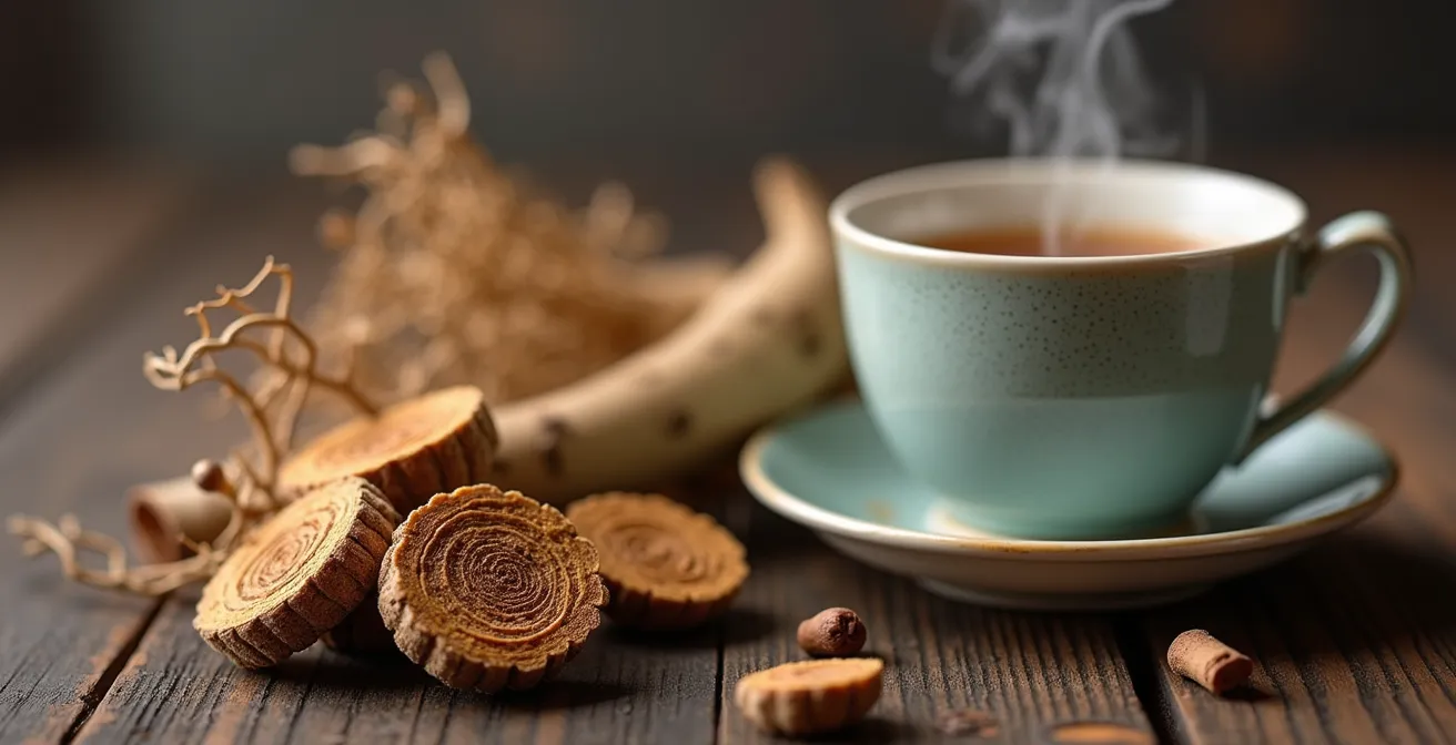 Racines de bardane séchées et tasse de tisane sur une table en bois français