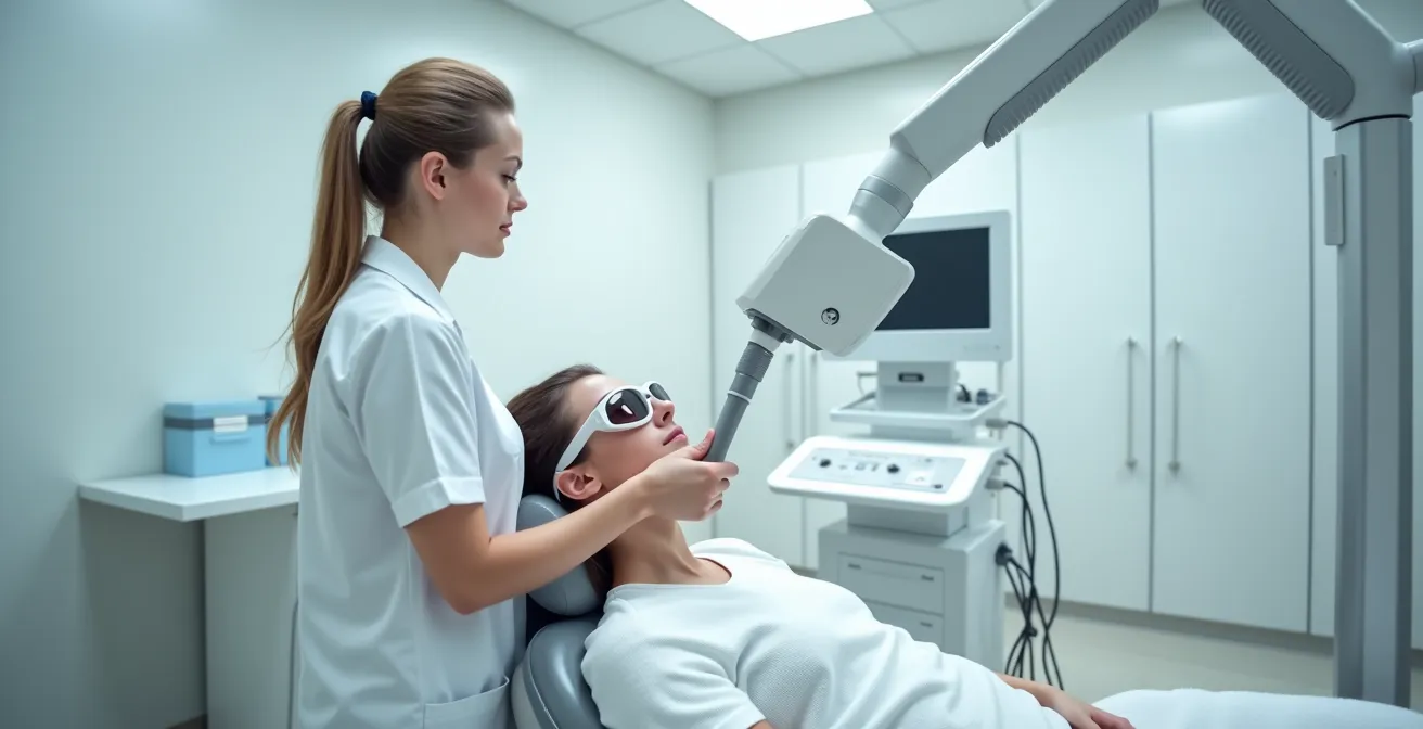 Séance de traitement laser en cabinet médical avec équipement professionnel