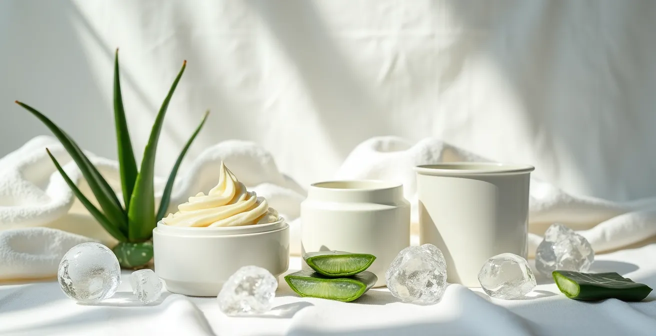 Environnement apaisant de récupération post-traitement avec produits de soin disposés harmonieusement