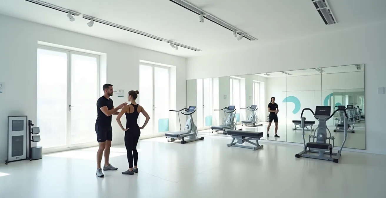 Coach EMS guidant un client dans un studio d'électrostimulation moderne avec équipement Miha Bodytec