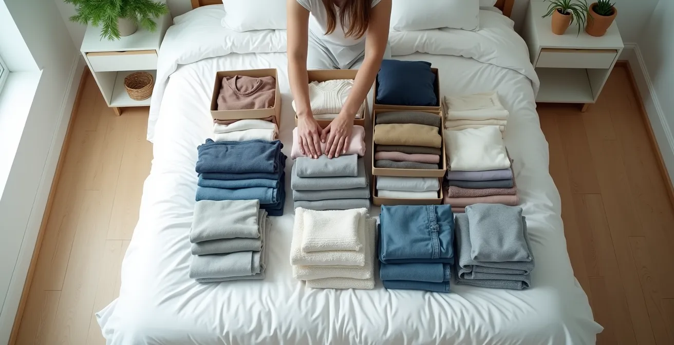 Vue aérienne d'un lit avec vêtements triés en trois piles distinctes dans un intérieur épuré
