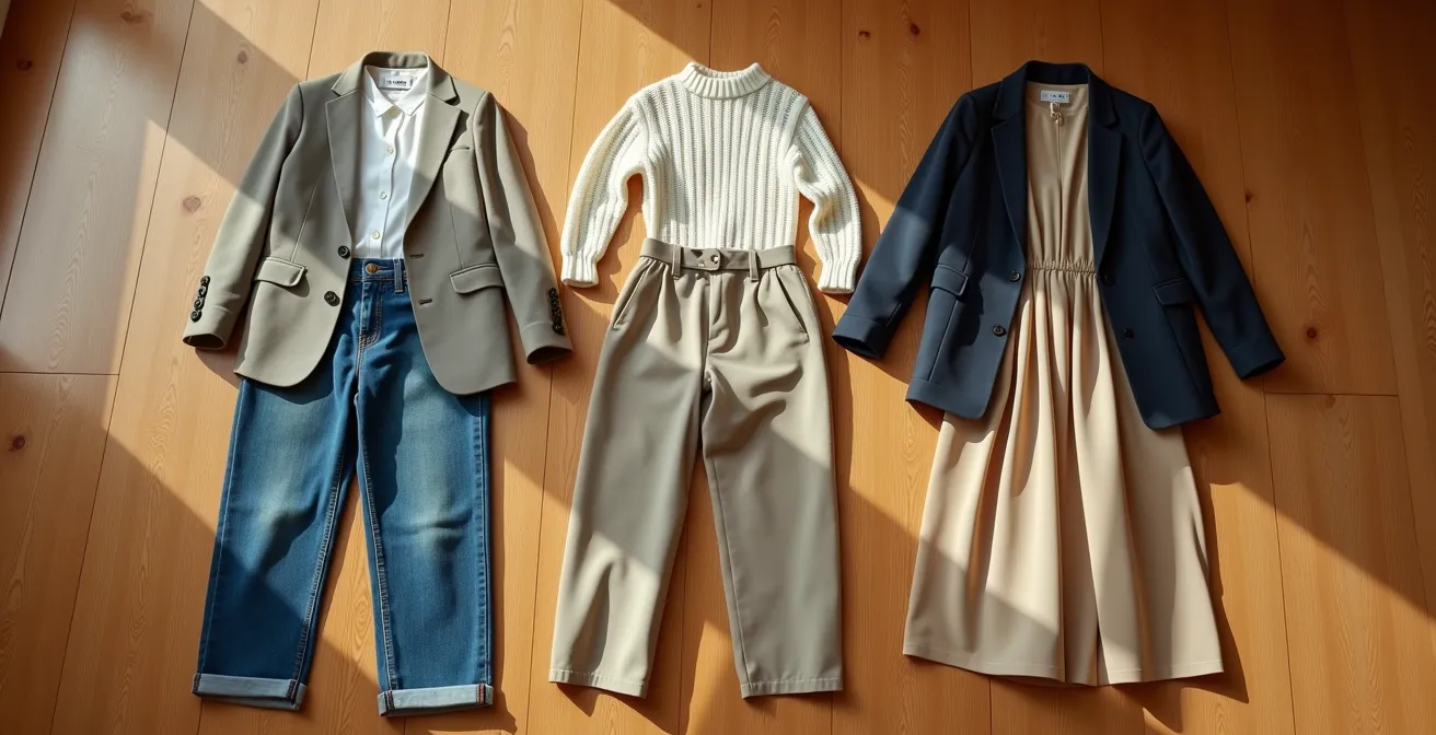 Composition minimaliste de trois tenues complètes disposées à plat sur fond neutre