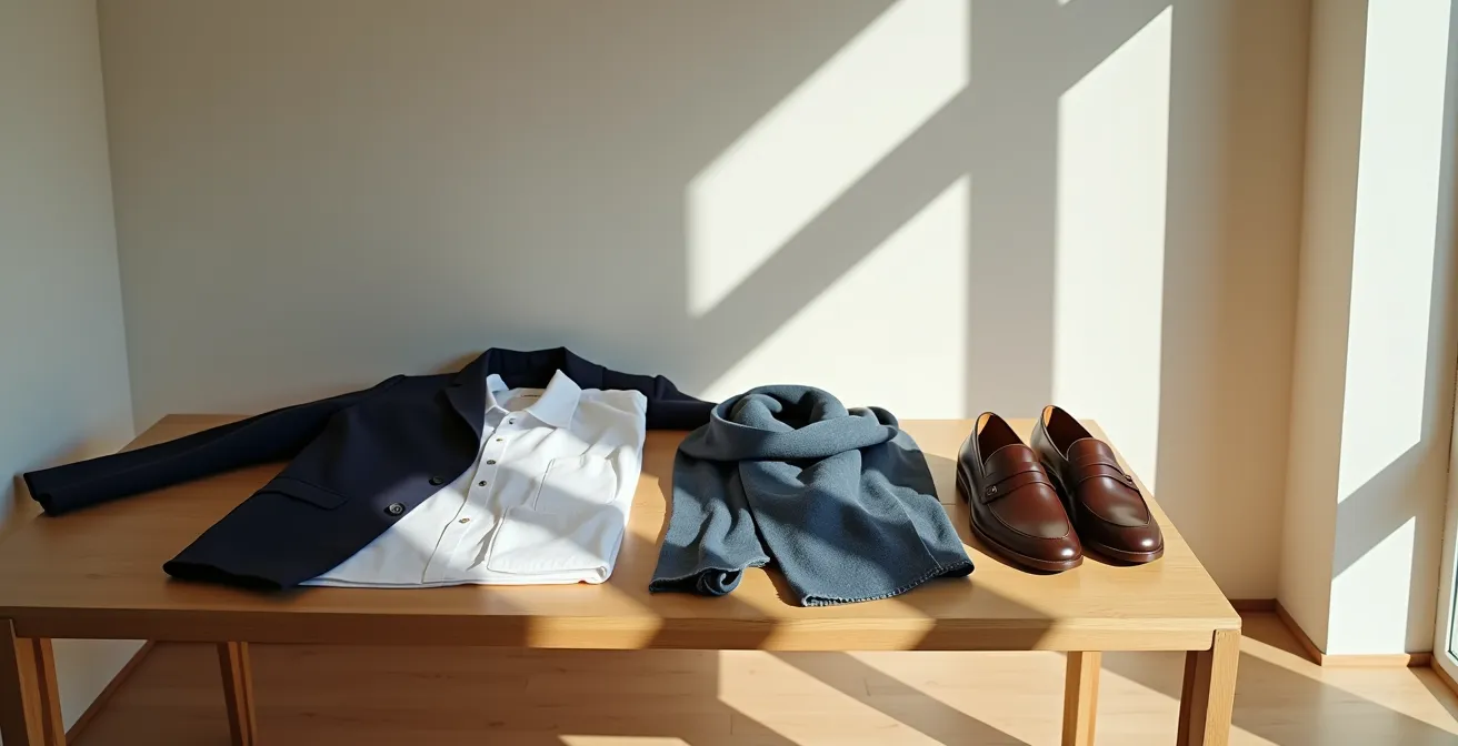 Composition minimaliste de vêtements essentiels formant un uniforme personnel élégant